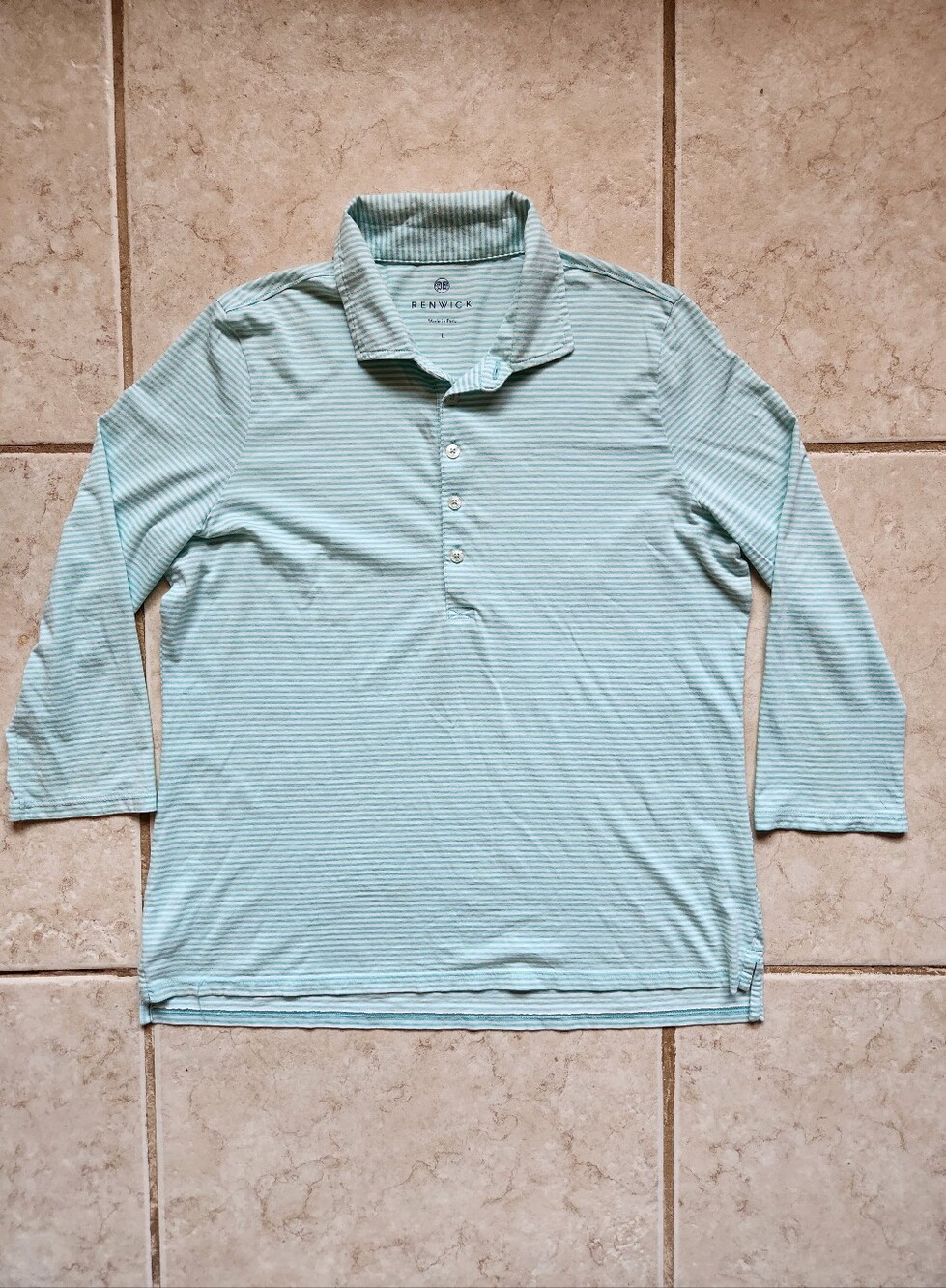 Renwick Pima Cotton Striped 3/4 Sleeve Polo Shirt L Mint Green White Coastal